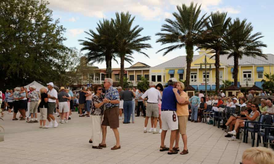 Residents dance at Sumter Landing retirement development within The Villages.