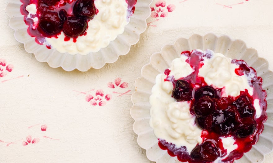Rice pudding and damson sauce.