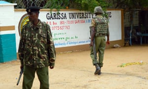 Armed security officers guard the entrance of Garissa University college in Kenya