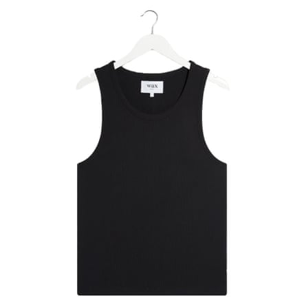 A black verst with deep arm holes hangs on a white hanger against a white background.