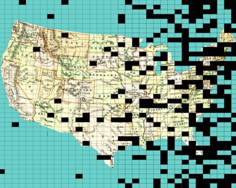 Collage of map of the US with black squares representing missing data