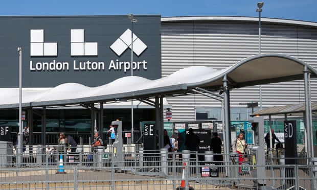 An exterior view of the entrance to London Luton Airport in April 2022