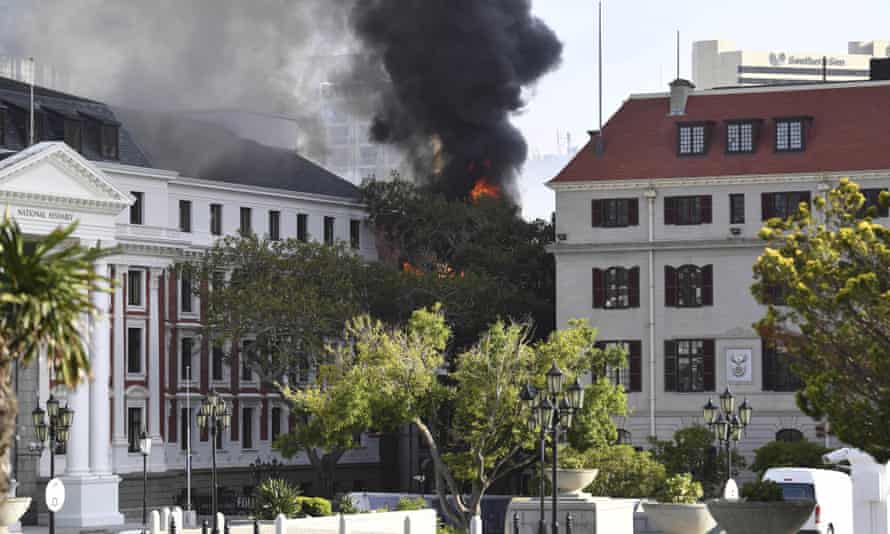 A fire burns at the Houses of Parliament in Cape Town.