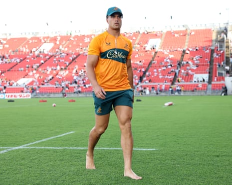 Joseph-Aukuso Suaalii of Australia inspects the pitch in Higashiosaka