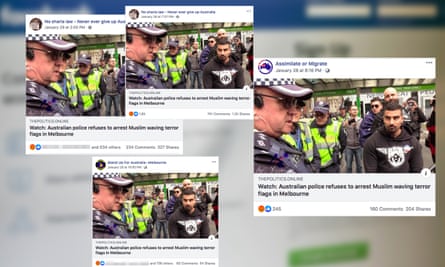 Coordinated Facebook posts claiming Australian police had “refused to arrest Muslims who waved terror flags against Jews in Melbourne”