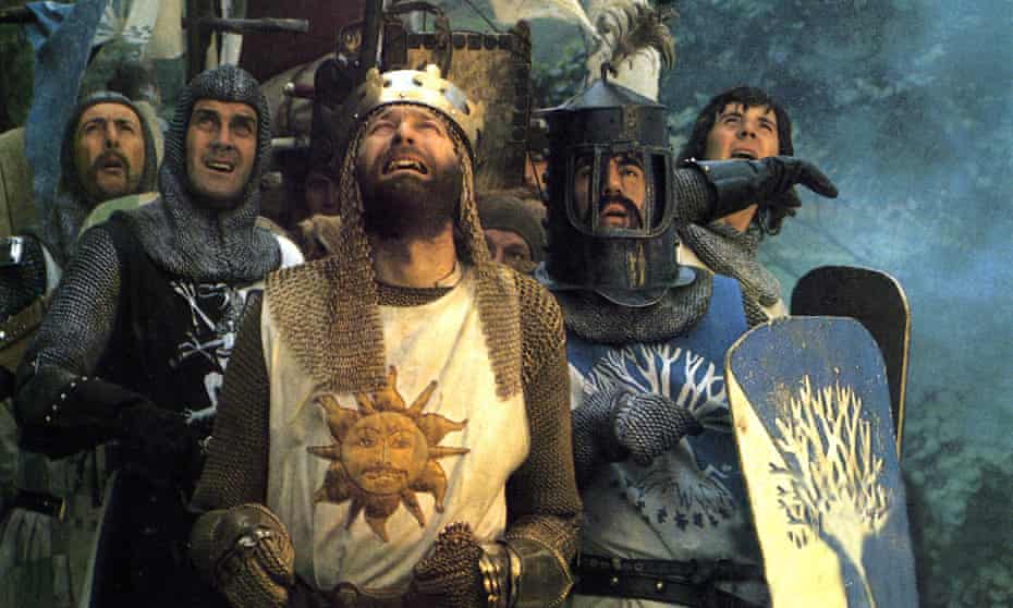 Eric Idle, John Cleese, Graham Chapman, Terry Jones and Michael Palin in their 1975 film Monty Python and the Holy Grail.