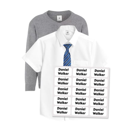 Labels4School UK Super Stick on Clothing Labels. A sheet of name stickers with the name ‘Daniel Walker’ in front of a short-sleeved school shirt and tie and grey school jumper.
