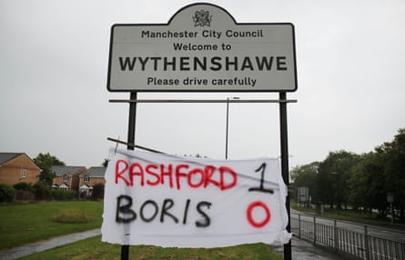 A "Rashford 1, Boris 0" banner in Wythenshawe, Manchster, after Britain’s Prime Minister Boris Johnson and government in England agreed to extend free school meals during the summer holidays for struggling families in England, bowing to pressure from England football player Marcus Rashford following the outbreak of coronavirus, June 16, 2020
