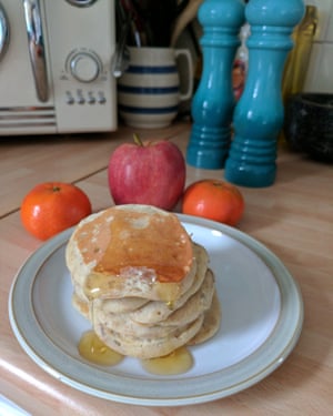 Saturday breakfast: banana pancakes and fruit.