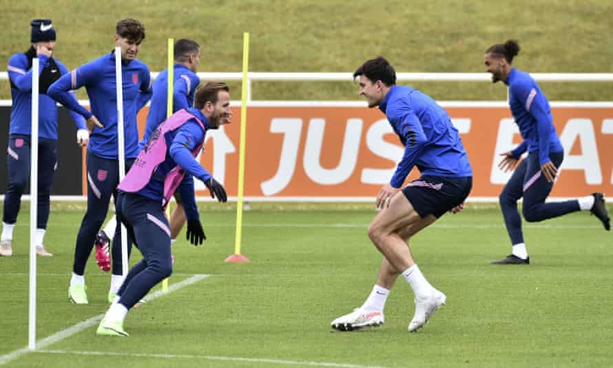 Harry Kane puts Harry Maguire through his defensive paces at St George’s Park.