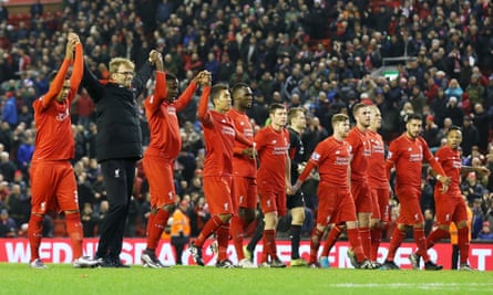 Jürgen Klopp leads the players over to the fans in the Kop after the match with West Brom in December 2015.