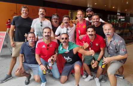 Miguel Alves (white top, sunglasses, middle of the back row, surrounded by fellow Os Lobos supporters ahead of Portugal’s game against Wales in Nice.