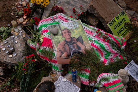 A photo of Manuel Esteban Paez Terán, who was shot and killed by a Georgia state trooper, on a makeshift memorial in Weelaunee People’s Park in Atlanta.