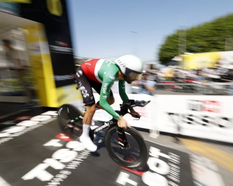 Filippo Ganna rolls down the Tour de France stage 16 start ramp wearing his Italian time trial champion jersey