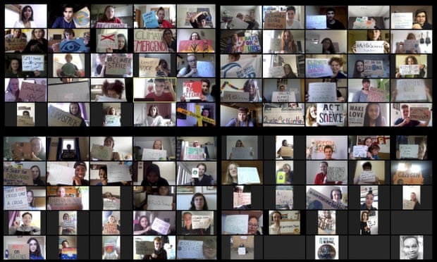 Dozens of climate strikers congregate on a Zoom call during a digital climate strike on 10 April