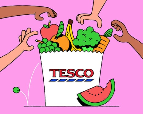 Illustration of hands reaching to grab fruit from Tesco bag