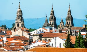 The spires of Santiago de Compostela’s cathedral rise above rooftops.