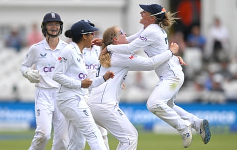 England’s Danni Wyatt celebrates with Sophie Ecclestone after a wicket in the Women's Ashes Test at Trent Bridge last June