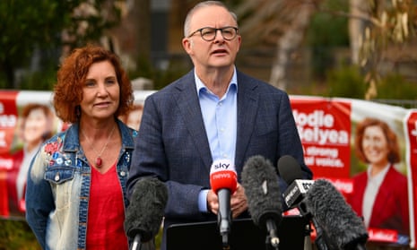 Anthony Albanese speaks to media at Derinya primary school during polling day for the Dunkley byelection in Frankston, Melbourne