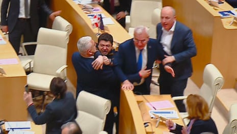 Brawl breaks out in Georgia's parliament before vote on 'foreign agents' bill – video