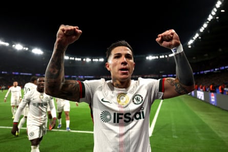 Enzo Fernández celebrates scoring against Paris Saint-Germain in the Champions League last 16 first leg