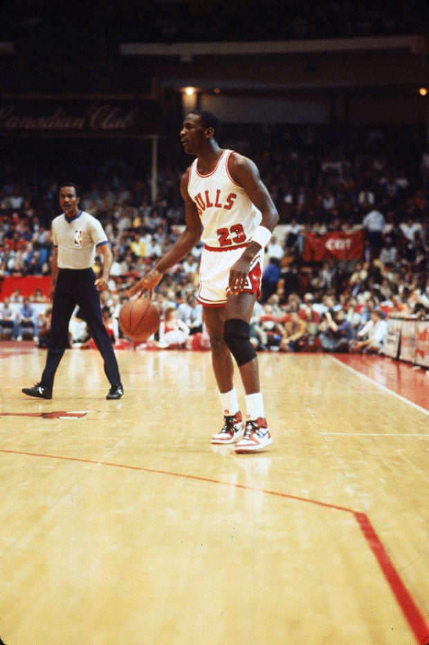 Michael Jordan wearing the shoes in his first season in the NBA.