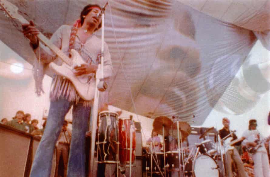 Jimi Hendrix on stage at Woodstock, 1969.
