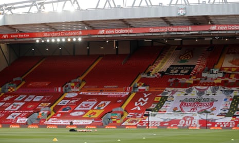 Banners on the Kop at Anfield before Liverpool’s game against Crystal Palace on 24 June.