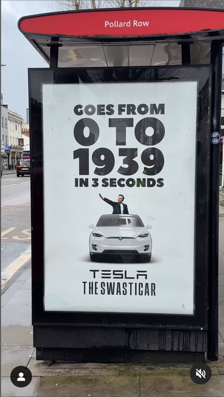 A still from a video posted on instagram shows a parody advert at a bus stop in Bethnal Green, east London.