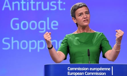 Margrethe Vestager at a June press conference on the European commission’s Google Shopping antitrust case.