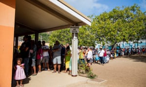 Long queues, such as this one at the polling place in Montravel, Nouméa, were seen all over New Caledonia. Voter turnout was ???%, significantly higher than the last referendum in 2018.