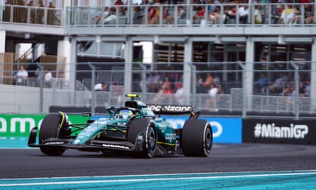 Fernando Alonso racing for Aston Martin at the Miami Grand Prix