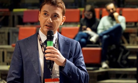 Luca Morisi speaks at a conference in Turin