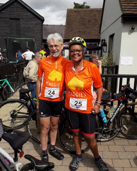 Steve and Lisa in cycling gear on the London to Cambridge bike ride, July 2019