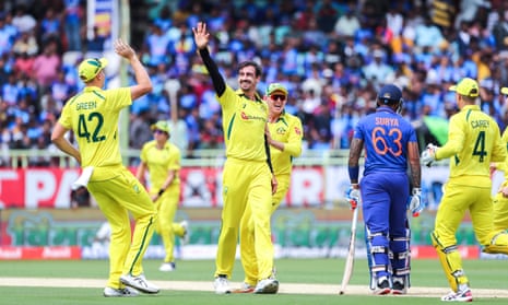 Mitchell Starc celebrates the wicket of India's Suryakumar Yadav.