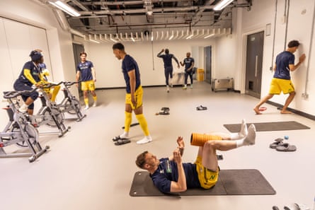 Southend's players warm up indoors before kick-off against Wealdstone.