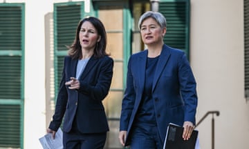 German foreign affairs minister Annalena Baerbock and Australian foreign affairs minister Penny Wong arrive for a press conference in Adelaide, Australia