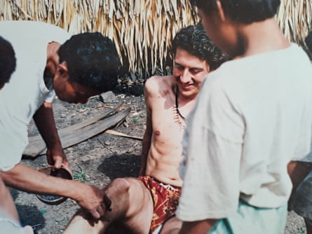 George Monbiot being painted for a ceremony by Arara people in the Brazilian Amazon in the mid-1990s.