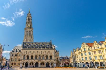 Arras Hotel de Ville town hall building with belfry and Flemish-Baroque-style townhouses on La Petite Place des Heros in historical center