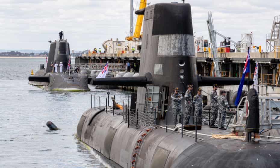 A view of an Australian Collins class submarine front and the UK nuclear-powered attack submarine HMS Astute rear at HMAS Stirling Royal Australian Navy base in Perth Australia