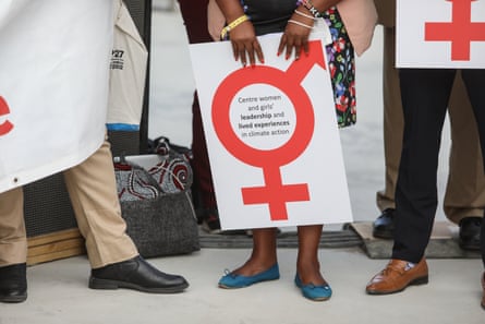 Activists holding banners stage a protest for gender equality and discrimination as 2022 United Nations Climate Change Conference (Cop27) continues in Sharm El Sheikh, Egypt on 14 November 2022