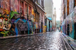 Hosier Lane in Melbourne’s CBD is quiet and deserted under lockdown.