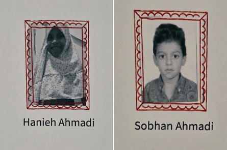 Small black and white school photographs of Hanieh Ahmadi and Soban Ahmadi
