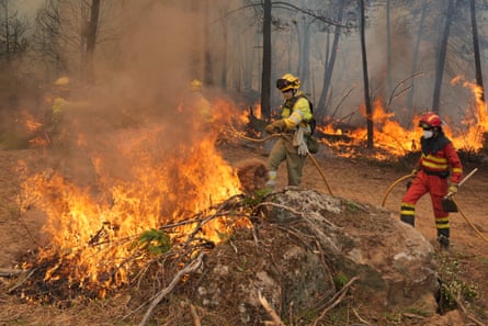 Firefighters try to extinguish flames in a forest in Ávila, Spain.