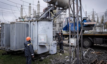 Workers repair infrastructure in a power plant last month that was damaged by a Russian air attack.