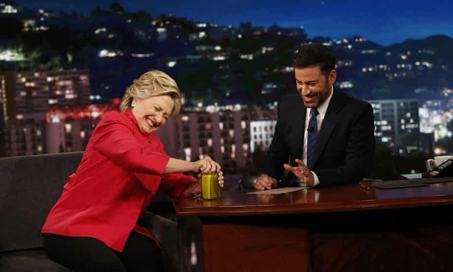 Hillary Clinton opens a pickle jar on Jimmy Kimmel Live as she answers ‘wacky’ rumors about her health from the Trump campaign.