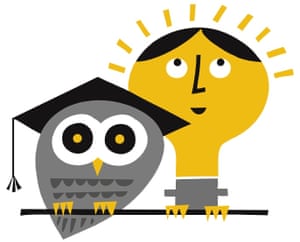 Illustration of an owl in a mortarboard and a woman's head like a lightbulb
