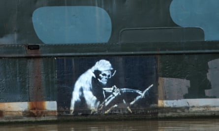 Banksy’s ‘The Grim Reaper’ or ‘The Silent Highwayman’ on the side of the Thekla.
