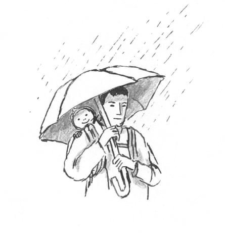 Illustration of man with child on back in carrier holding umbrella above both of them