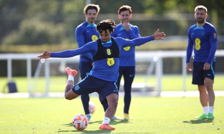 Trent Alexander-Arnold takes a shot during an England training session last weekend at St George’s Park.